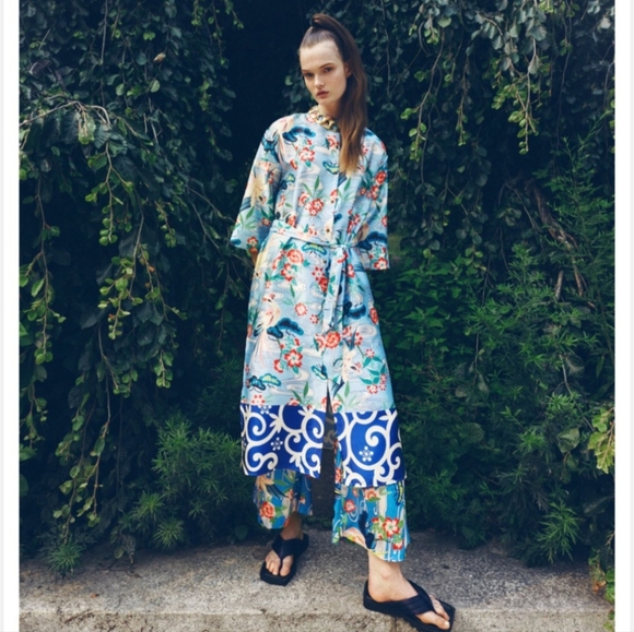Zara Pants - NWT Zara Women's Printed Kimono Blue Shirt Dress With Belt Medium